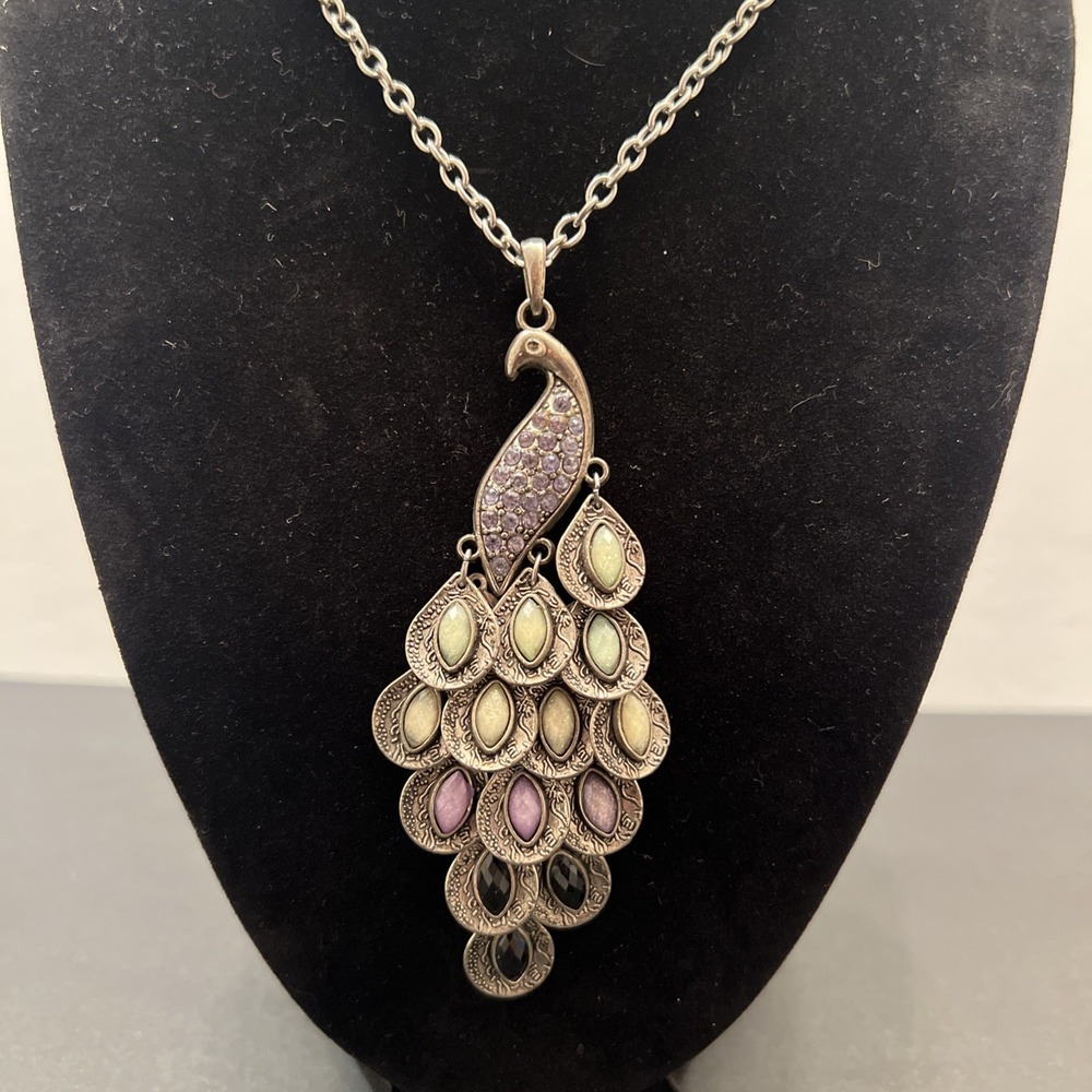 Peacock Silver Tone Long Necklace Pendant Purple Rhinestones Multi-Color Tail